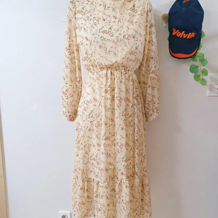 [BUNJANG] Floral Cotton Chiffon Banded Maxi Dress Ivory / 샤랄라꽃패턴 코튼쉬폰 밴딩 롱원피스 아이보리