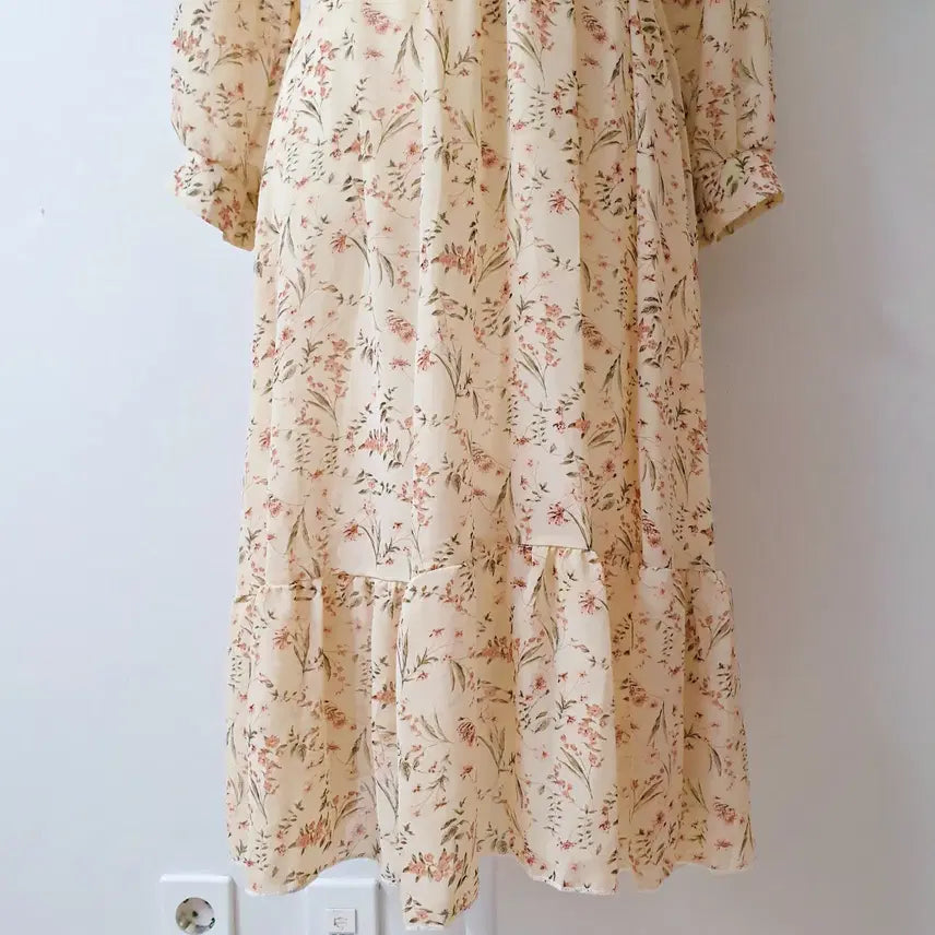 [BUNJANG] Floral Cotton Chiffon Banded Maxi Dress Ivory / 샤랄라꽃패턴 코튼쉬폰 밴딩 롱원피스 아이보리