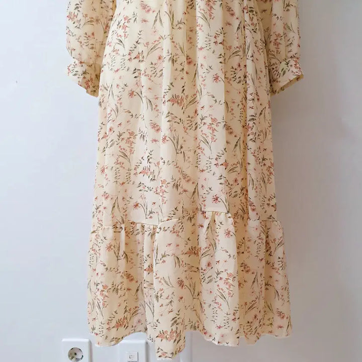 [BUNJANG] Floral Cotton Chiffon Banded Maxi Dress Ivory / 샤랄라꽃패턴 코튼쉬폰 밴딩 롱원피스 아이보리
