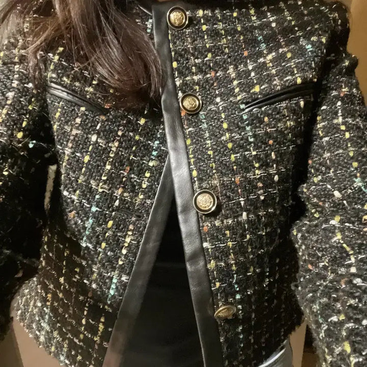 [BUNJANG] Black Tweed Jacket with Gold Button and Leather Trim Detail / 트위드 자켓