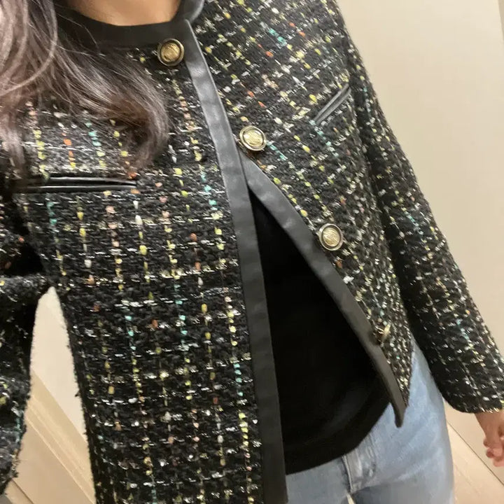 [BUNJANG] Black Tweed Jacket with Gold Button and Leather Trim Detail / 트위드 자켓