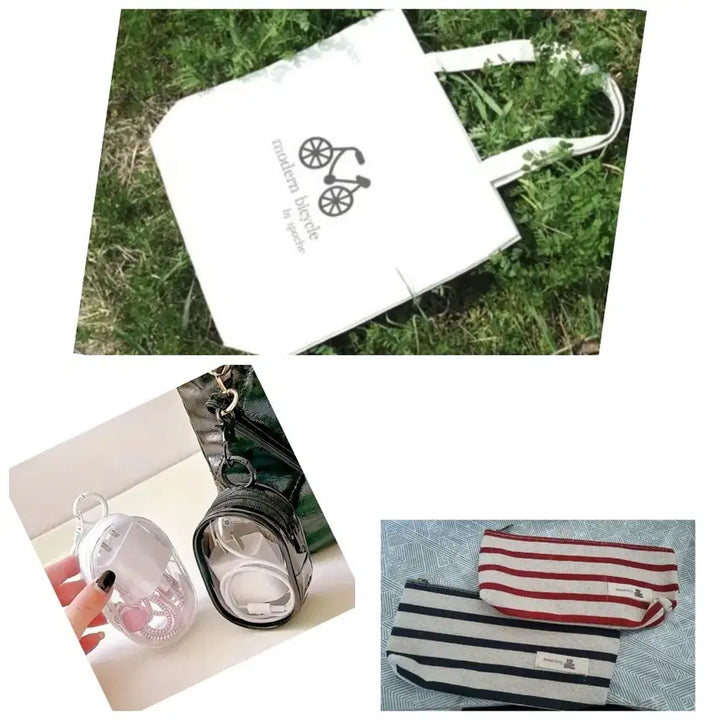 [BUNJANG] Canvas Bag / Transparent Mini Bag / Striped Pouch Bundle Set / 캔버스 가방 / 투명 미니 가방 / 스트라이프 파우치일괄(새상품)