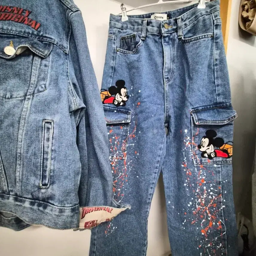 [BUNJANG] Disney Mickey Denim Jacket &amp; Cargo Denim / 디즈니 미키데님야상. 미키 카고데님