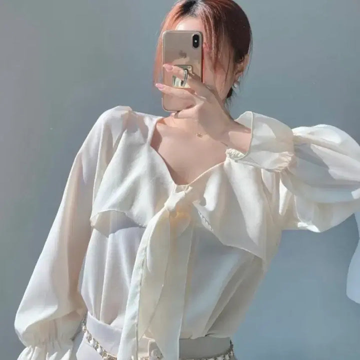 [BUNJANG] Black Square Neck Ribbon Chiffon Blouse / 블랙/스퀘어넥 하트넥 리본 프릴 쉬폰 블라우스