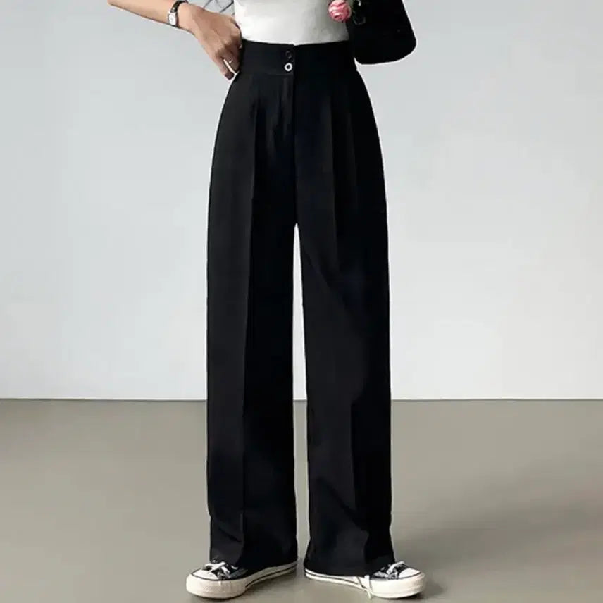 [BUNJANG] Pin-tuck Wide-leg Slacks / [새상품] 핀턱 일자 와이드 뒷밴딩 투버튼 슬랙스