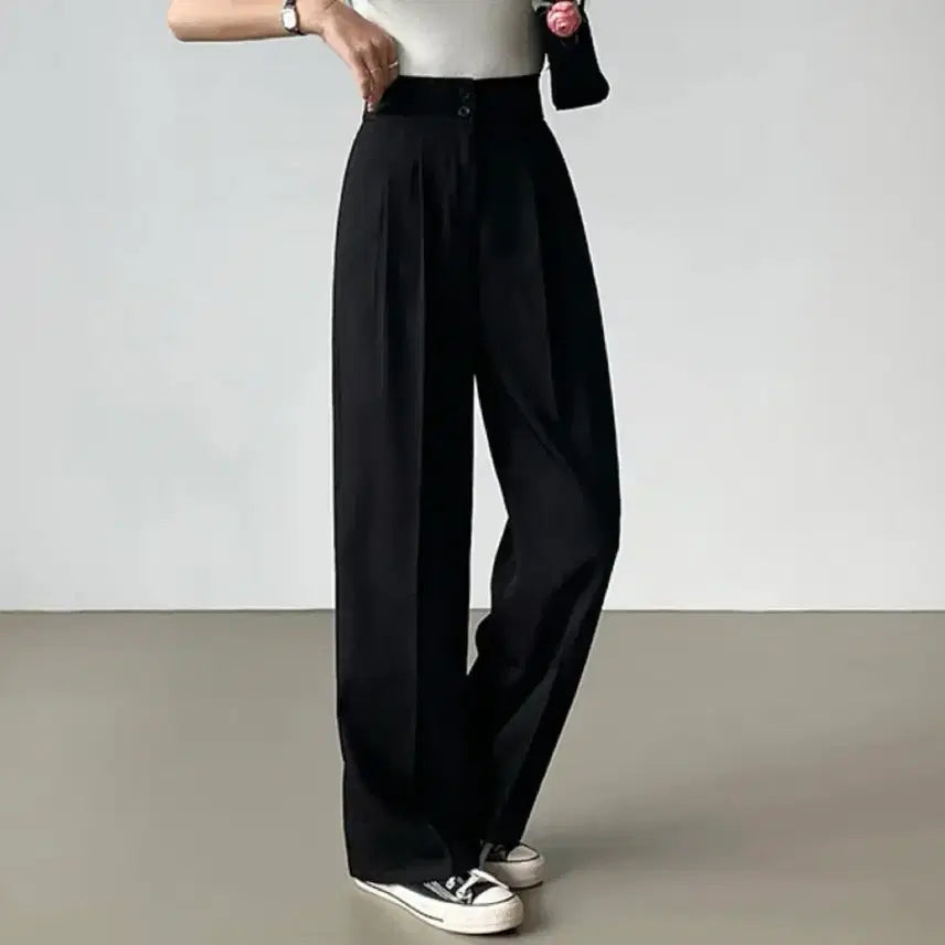 [BUNJANG] Pin-tuck Wide-leg Slacks / [새상품] 핀턱 일자 와이드 뒷밴딩 투버튼 슬랙스