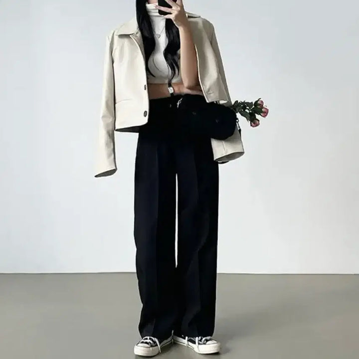 [BUNJANG] Pin-tuck Wide-leg Slacks / [새상품] 핀턱 일자 와이드 뒷밴딩 투버튼 슬랙스