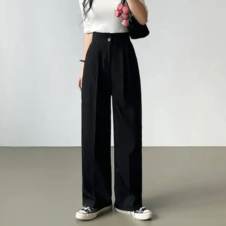 [BUNJANG] Pin-tuck Wide-leg Slacks / [새상품] 핀턱 일자 와이드 뒷밴딩 투버튼 슬랙스