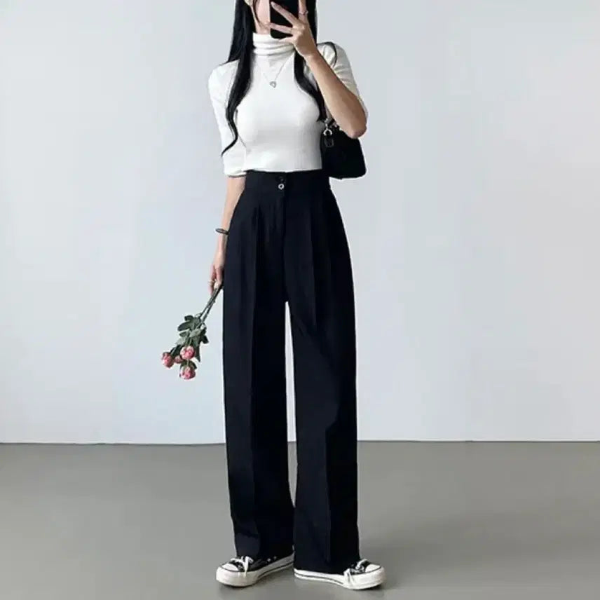 [BUNJANG] Pin-tuck Wide-leg Slacks / [새상품] 핀턱 일자 와이드 뒷밴딩 투버튼 슬랙스