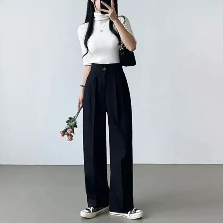 [BUNJANG] Pin-tuck Wide-leg Slacks / [새상품] 핀턱 일자 와이드 뒷밴딩 투버튼 슬랙스