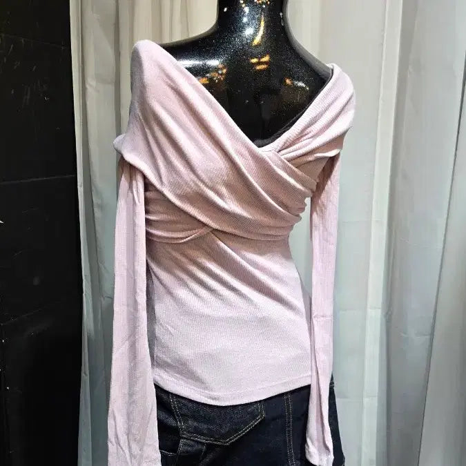 [BUNJANG] Off-Shoulder Ribbed Cross Long Sleeve Top / 오프숄드 골지 크로스 연보라 긴팔