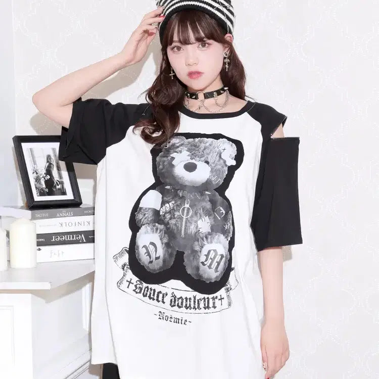 [BUNJANG] NOEMIE 아픈곰 Raglan Shoulder Zip Unisex Short Sleeve T-shirt / 노에미 NOEMIE 아픈곰 라글란 어깨 지퍼 남녀공용 반팔 티셔츠