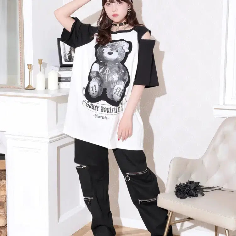 [BUNJANG] NOEMIE 아픈곰 Raglan Shoulder Zip Unisex Short Sleeve T-shirt / 노에미 NOEMIE 아픈곰 라글란 어깨 지퍼 남녀공용 반팔 티셔츠