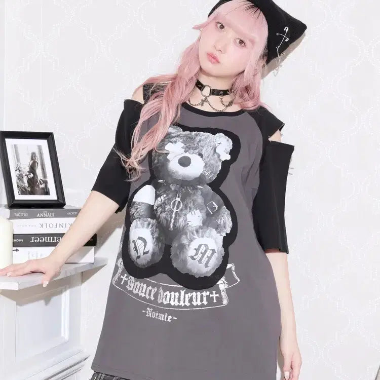 [BUNJANG] NOEMIE 아픈곰 Raglan Shoulder Zip Unisex Short Sleeve T-shirt / 노에미 NOEMIE 아픈곰 라글란 어깨 지퍼 남녀공용 반팔 티셔츠