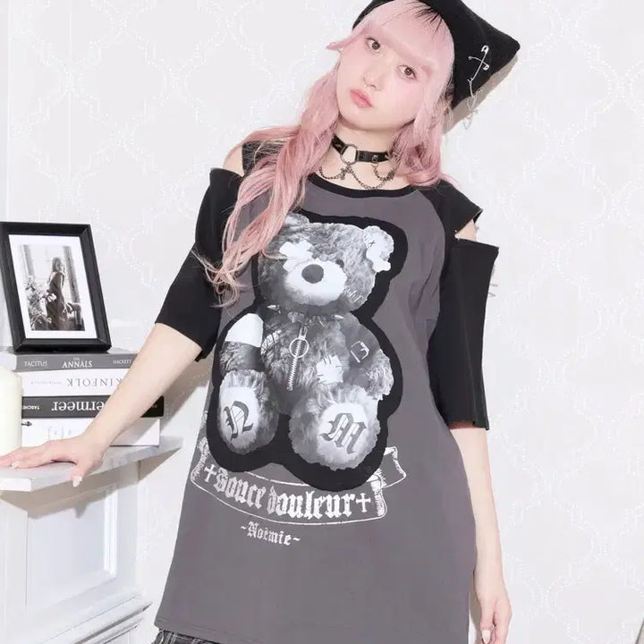 [BUNJANG] NOEMIE 아픈곰 Raglan Shoulder Zip Unisex Short Sleeve T-shirt / 노에미 NOEMIE 아픈곰 라글란 어깨 지퍼 남녀공용 반팔 티셔츠