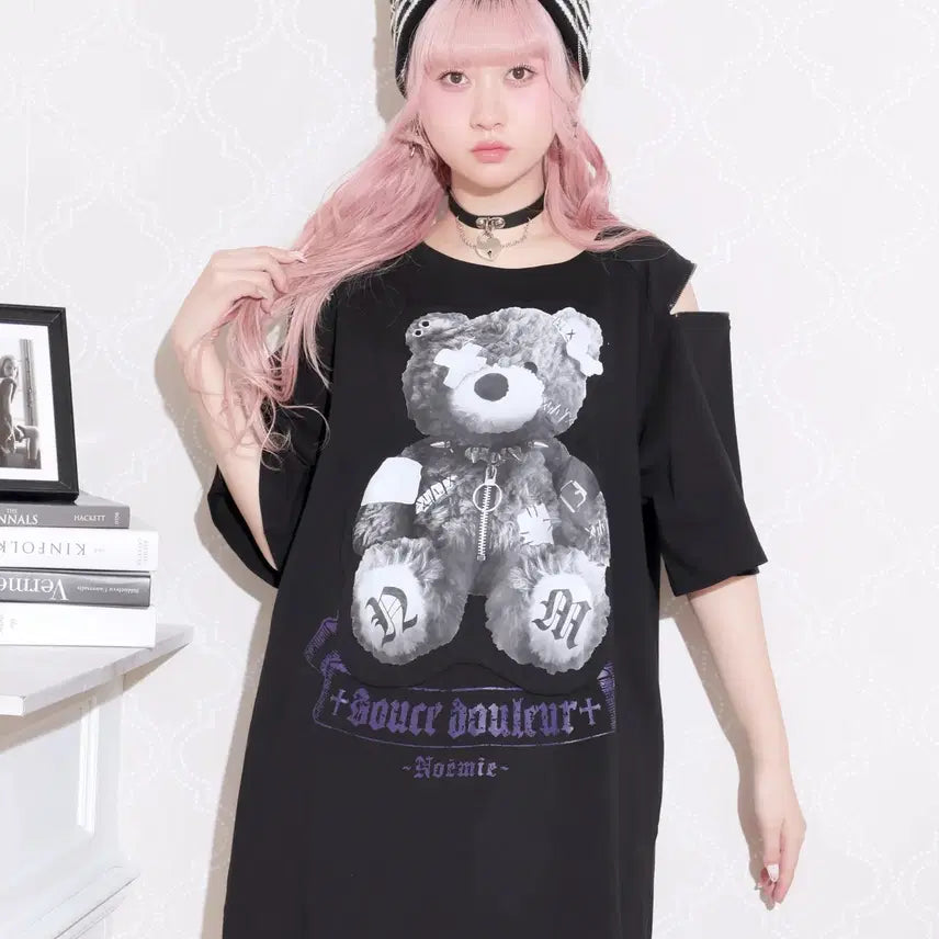 [BUNJANG] NOEMIE 아픈곰 Raglan Shoulder Zip Unisex Short Sleeve T-shirt / 노에미 NOEMIE 아픈곰 라글란 어깨 지퍼 남녀공용 반팔 티셔츠