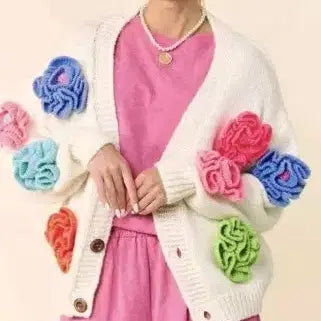 [BUNJANG] White Flower Applique Cardigan / 플라워 아플리케 화이트 가디건 수입