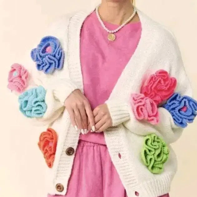 [BUNJANG] White Flower Applique Cardigan / 플라워 아플리케 화이트 가디건 수입