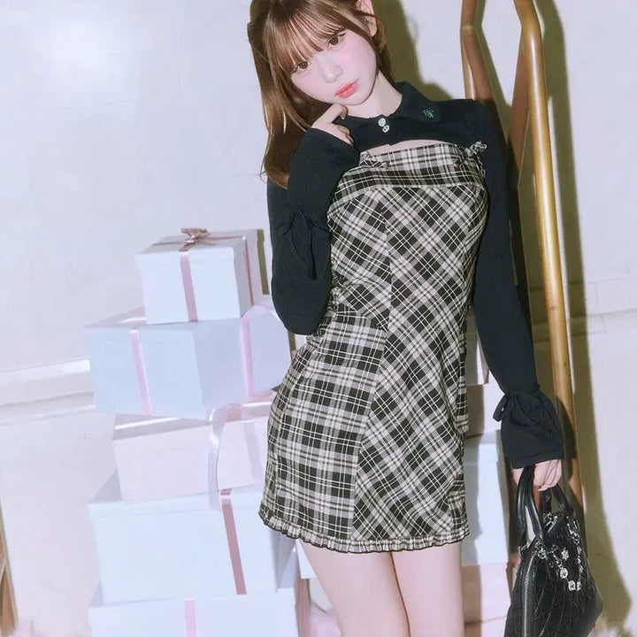 [BUNJANG] Michel Macaron Open Back Check Dress / 미셸마카롱 백 오픈 체크 원피스
