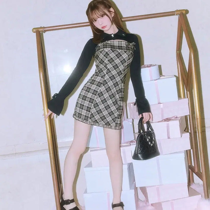 [BUNJANG] Michel Macaron Open Back Check Dress / 미셸마카롱 백 오픈 체크 원피스