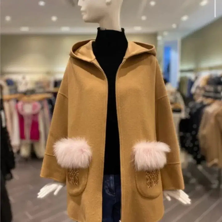 [BUNJANG] O2nd Camel Pink Fur Pocket Hooded Coat / 오즈세컨 카멜 핑크 퍼 포켓 후드 코트 O22BAROTM11W