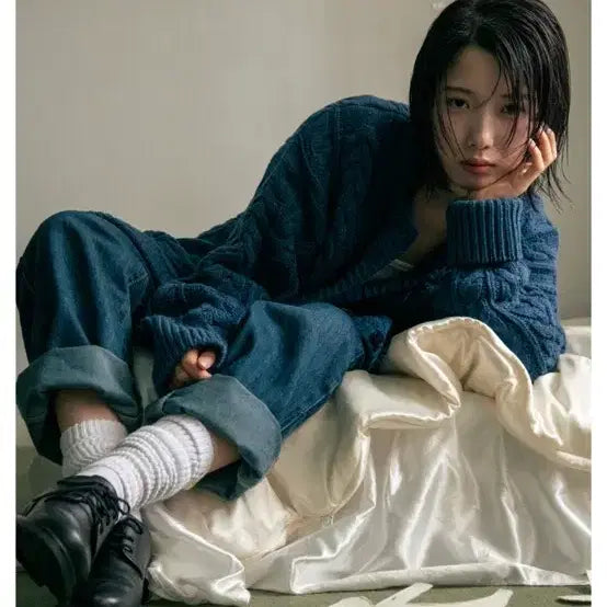 [BUNJANG] Ponyz Denim Cable Knit Cardigan / 포니즈 데님 케이블 니트 가디건