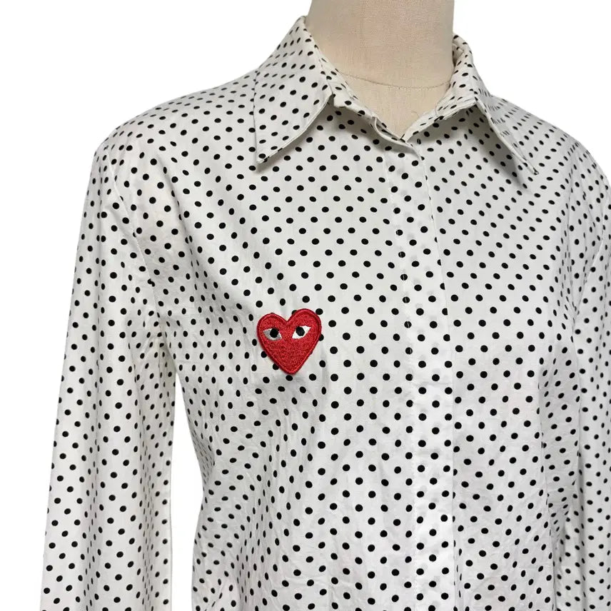 [BUNJANG] Comme des Garcons White Dot Heart Patch Long Sleeve Shirt / 3835 꼼데가르송 화이트 도트 하트패치 긴팔셔츠