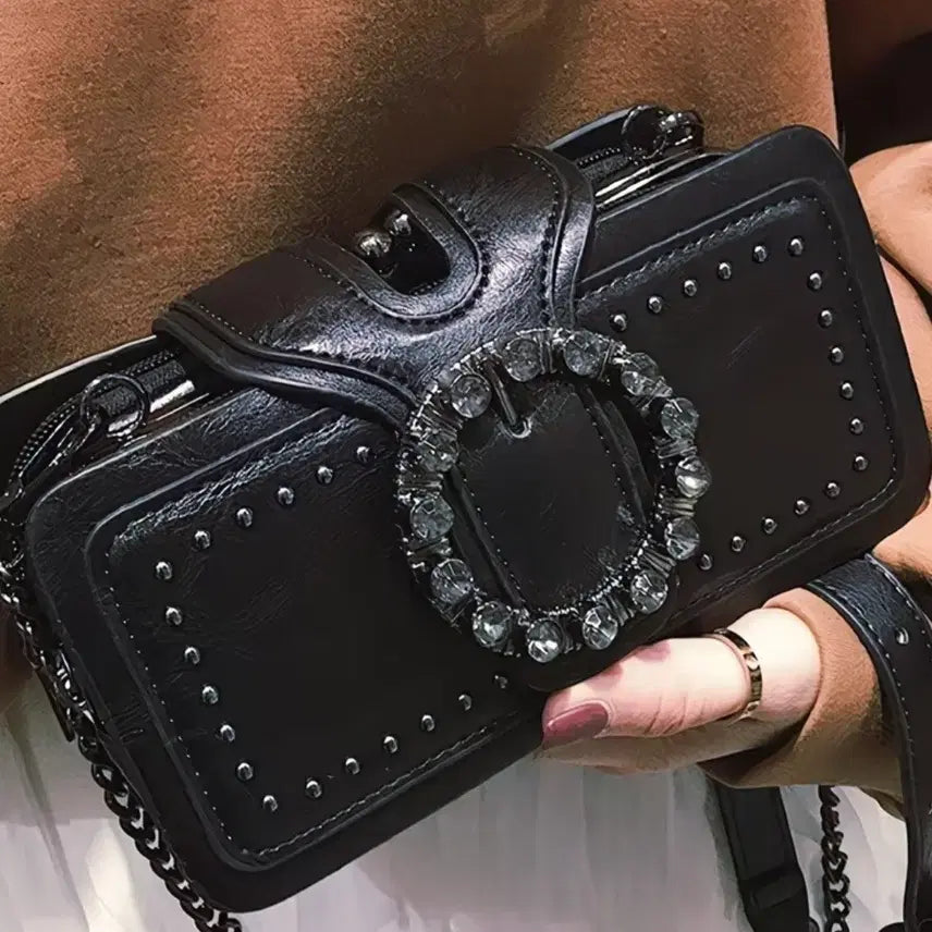 [BUNJANG] Black Crystal Buckle Leather Bag / 새상품 블랙 크리스탈버클 레더백