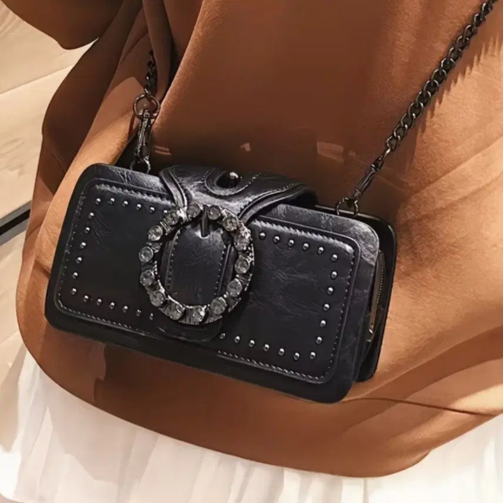[BUNJANG] Black Crystal Buckle Leather Bag / 새상품 블랙 크리스탈버클 레더백