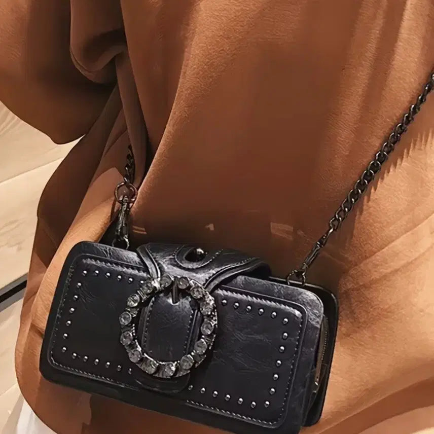 [BUNJANG] Black Crystal Buckle Leather Bag / 새상품 블랙 크리스탈버클 레더백