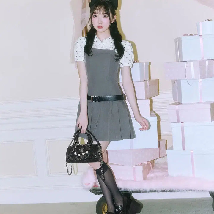 [BUNJANG] Michel Macaron Monogram Pleated Dress / 미셸마카롱 모노그램 셔츠 플리츠 원피스