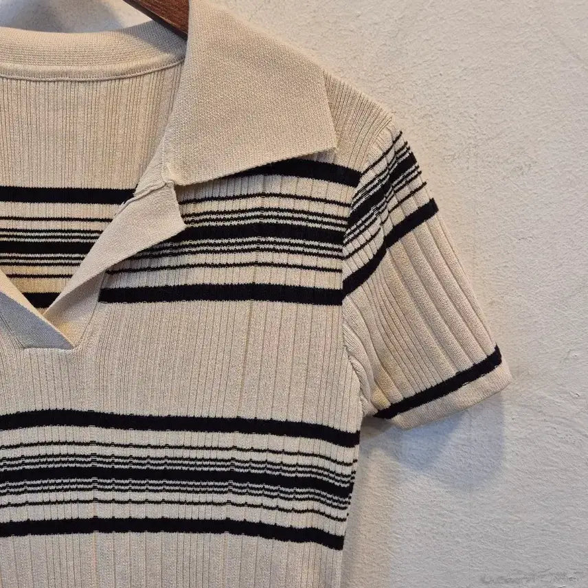 [BUNJANG] Knit Striped Long Dress / 카라넥 스트라이프 니트 원피스