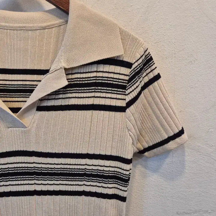 [BUNJANG] Knit Striped Long Dress / 카라넥 스트라이프 니트 원피스