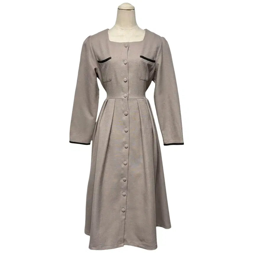 [BUNJANG] Brown Beige Square Neck Long Sleeve Dress / 3843 브라운 베이지 스퀘어넥 하객룩 긴팔원피스