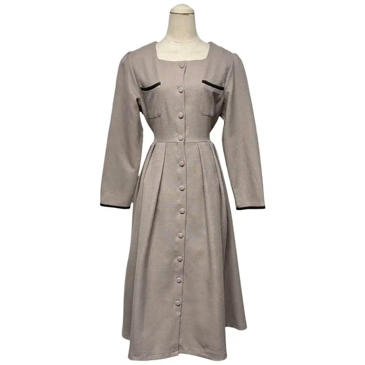 [BUNJANG] Brown Beige Square Neck Long Sleeve Dress / 3843 브라운 베이지 스퀘어넥 하객룩 긴팔원피스