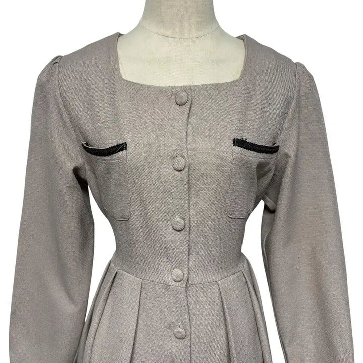 [BUNJANG] Brown Beige Square Neck Long Sleeve Dress / 3843 브라운 베이지 스퀘어넥 하객룩 긴팔원피스