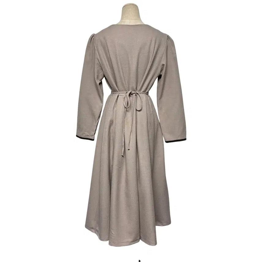 [BUNJANG] Brown Beige Square Neck Long Sleeve Dress / 3843 브라운 베이지 스퀘어넥 하객룩 긴팔원피스