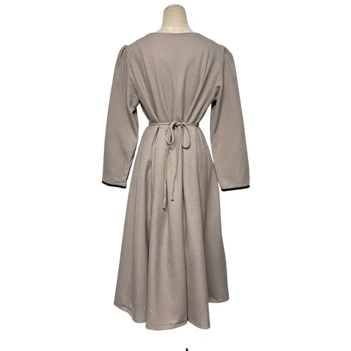 [BUNJANG] Brown Beige Square Neck Long Sleeve Dress / 3843 브라운 베이지 스퀘어넥 하객룩 긴팔원피스