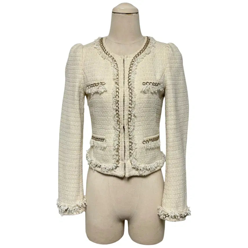 [BUNJANG] Roem Ivory Gold Button Slim Tweed Jacket / 3850 로엠 아이보리 금장 슬림 퍼프 트위드자켓