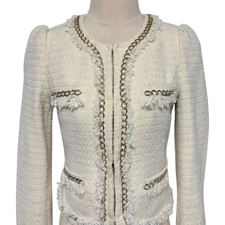 [BUNJANG] Roem Ivory Gold Button Slim Tweed Jacket / 3850 로엠 아이보리 금장 슬림 퍼프 트위드자켓