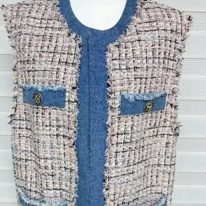 [BUNJANG] GGPX Pink Tweed Denim Vest / GGPX 핑크 트위드 데님 포인트 베스트 조끼 55~66