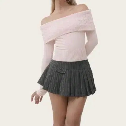 [BUNJANG] Clichy 컵케이크 Off-Shoulder Cable Knit Top / 클리시어 컵케이크 오프숄더 케이블 니트 핑크