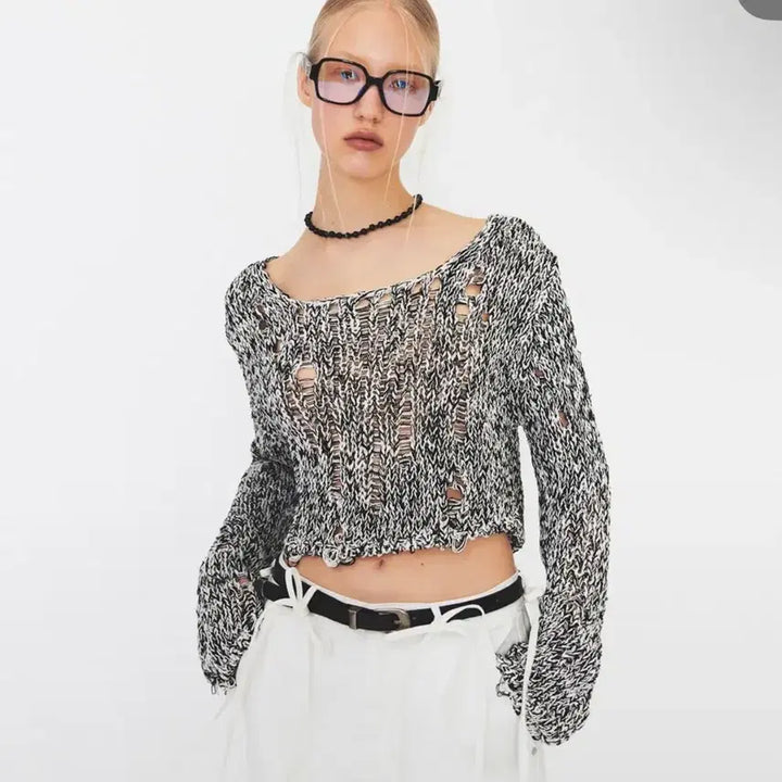 [BUNJANG] Diagonal Netting Crop Knit Top / 다이애그널 NETTING CROP KNIT (mix1)