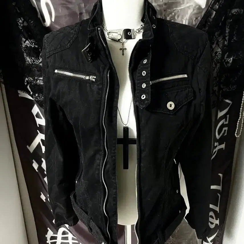 [BUNJANG] Vkei Belted Neck Zipper Rider Cotton Jacket / Vkei 00s 벨티드넥 지퍼 라이더 야상코튼자켓 다크웨어emo버커루맛