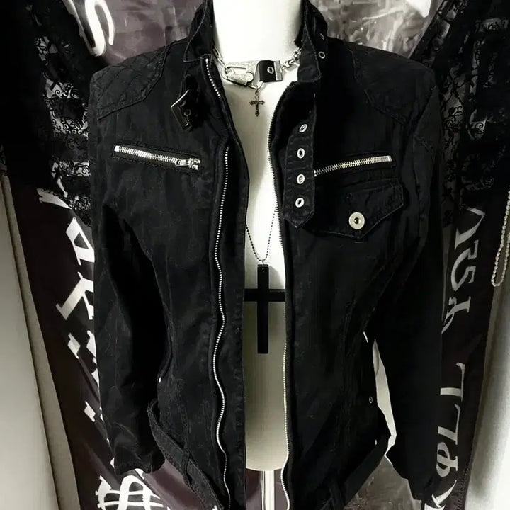 [BUNJANG] Vkei Belted Neck Zipper Rider Cotton Jacket / Vkei 00s 벨티드넥 지퍼 라이더 야상코튼자켓 다크웨어emo버커루맛