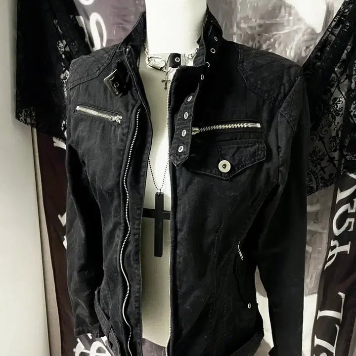 [BUNJANG] Vkei Belted Neck Zipper Rider Cotton Jacket / Vkei 00s 벨티드넥 지퍼 라이더 야상코튼자켓 다크웨어emo버커루맛