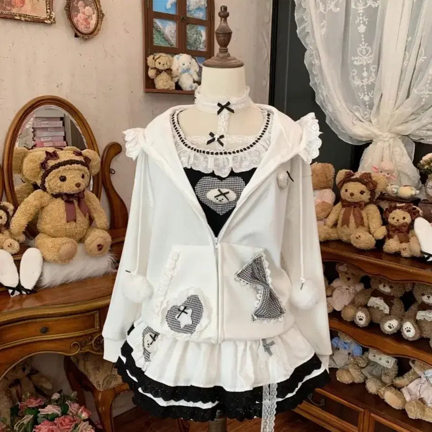 [BUNJANG] Subculture Style Rabbit Ear Lace Hooded Zip-up Jacket / 서브컬처 스타일 토끼귀 레이스 장식 후드 집업 재킷