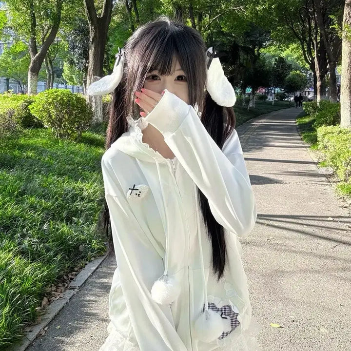 [BUNJANG] Subculture Style Rabbit Ear Lace Hooded Zip-up Jacket / 서브컬처 스타일 토끼귀 레이스 장식 후드 집업 재킷