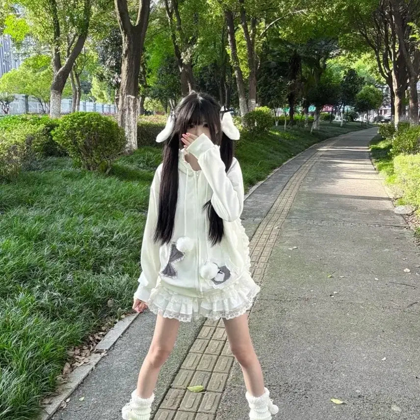 [BUNJANG] Subculture Style Rabbit Ear Lace Hooded Zip-up Jacket / 서브컬처 스타일 토끼귀 레이스 장식 후드 집업 재킷