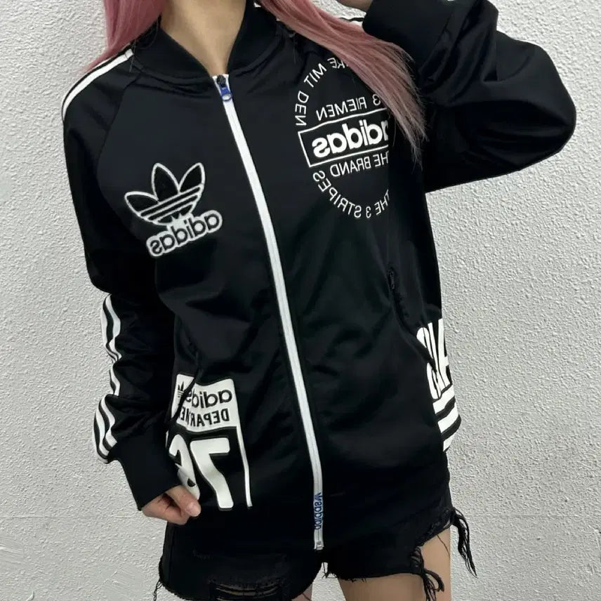 [BUNJANG] Adidas Multi Printing Logo Black Track Top (Size 95) / 아디다스 멀티 프린팅로고 화이트라인 블랙 트랙탑 95